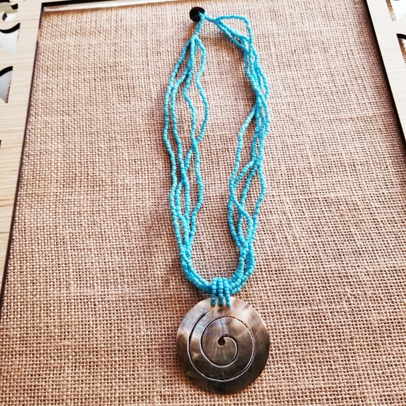 Blue Beaded Abalone Shell  Modern Abstract Necklace - Picture 2 of 4